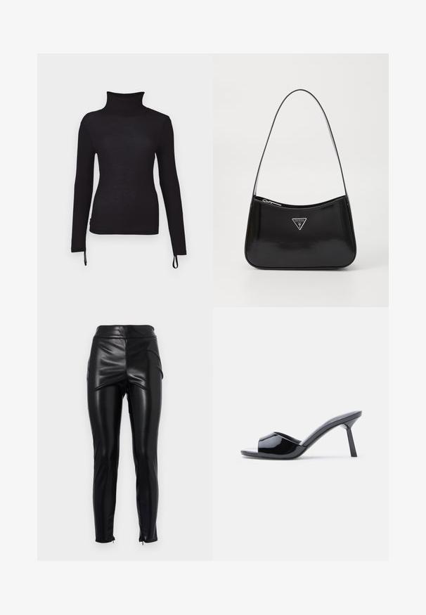 Camiseta negra de manga larga y cuello alto, de corte slim, con textura acanalada, que cuenta con cordones ajustables en el dobladillo para una longitud personalizable.; Leggings de imitación cuero negro de cintura alta con una textura lisa y brillante, costuras laterales y cremalleras en los tobillos para una silueta ajustada.; Sandalias de tacón con punta abierta de charol negro, con un diseño superior curvado y tacón de aguja cónico. Acabado liso y brillante.; Bolso de hombro de charol negro con forma curva, que presenta un logotipo triangular plateado y un cierre de cremallera. Textura suave y correa delgada.