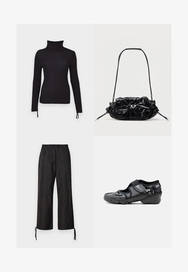 Camiseta negra de manga larga y cuello alto, de corte slim, con textura acanalada, que cuenta con cordones ajustables en el dobladillo para una longitud personalizable.; Pantalones negros de corte holgado con cinturilla elástica y cordones ajustables en los tobillos. Tela suave con un brillo sutil.; Zapato negro Nike Air con tira de velcro, decorado con pequeños adornos florales negros en el lateral y en la parte delantera.; Bolso de mano de cuero negro con diseño fruncido y detalle de lazo en la parte frontal. Cuenta con un asa corta y detalles metálicos en color plata.