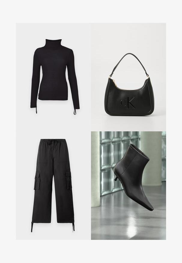Camiseta negra de manga larga y cuello alto, de corte slim, con textura acanalada, que cuenta con cordones ajustables en el dobladillo para una longitud personalizable.; Tommy Jeans ELASTICATED PANT - Pantalones cargo - black; Bota de cuero negro para el tobillo con puntera puntiaguda y tacón pequeño, exhibida frente a una pared de bloques de vidrio y un suelo pulido.; Bolso de mano de cuero negro con forma curva, que presenta una cremallera dorada y un sutil logo "cK" en relieve. Textura suave y un solo asa.