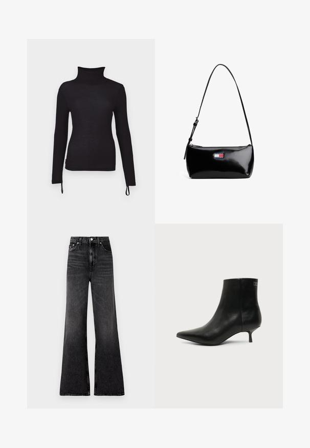 Chemise noire à manches longues, col roulé, coupe slim, texture côtelée, avec des cordons de serrage réglables à l'ourlet pour une longueur personnalisable.; Jean en denim noir à jambes larges avec une finition légèrement délavée, taille haute, fermeture à bouton en métal et détails de couture minimaux.; Bottine en cuir noir avec bout pointu et petit talon kitten sur fond clair, vue côté extérieur.; Sac à épaule en cuir verni noir avec une bandoulière incurvée, fermeture éclair et un patch rectangulaire avec un logo en rouge, blanc et bleu.