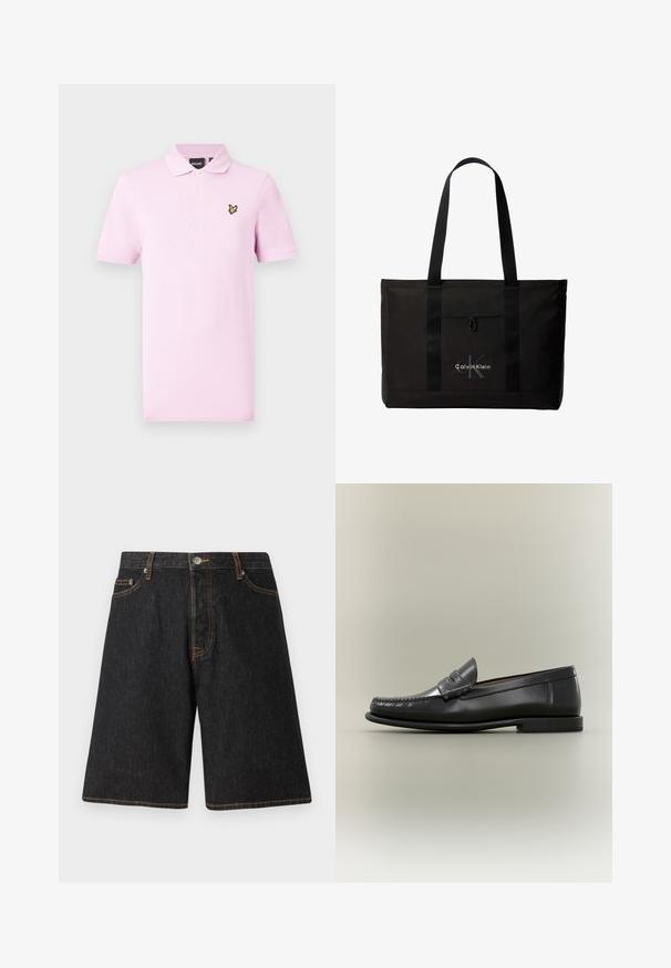 Polo rose clair en coton, avec un col classique, une patte de boutonnage à trois boutons, des manches courtes et un petit logo brodé sur la poitrine.; Shorts en denim noir avec une coupe droite, présentant des coutures orange, cinq poches et une fermeture à bouton en métal à la taille.; Mocassin pour homme en cuir noir avec un design moc-toe, une lanière à monnaie et un talon bas sur un fond neutre.; Sac cabas noir Calvin Klein avec deux longues poignées et une poche avant, avec le logo de la marque en blanc et gris.