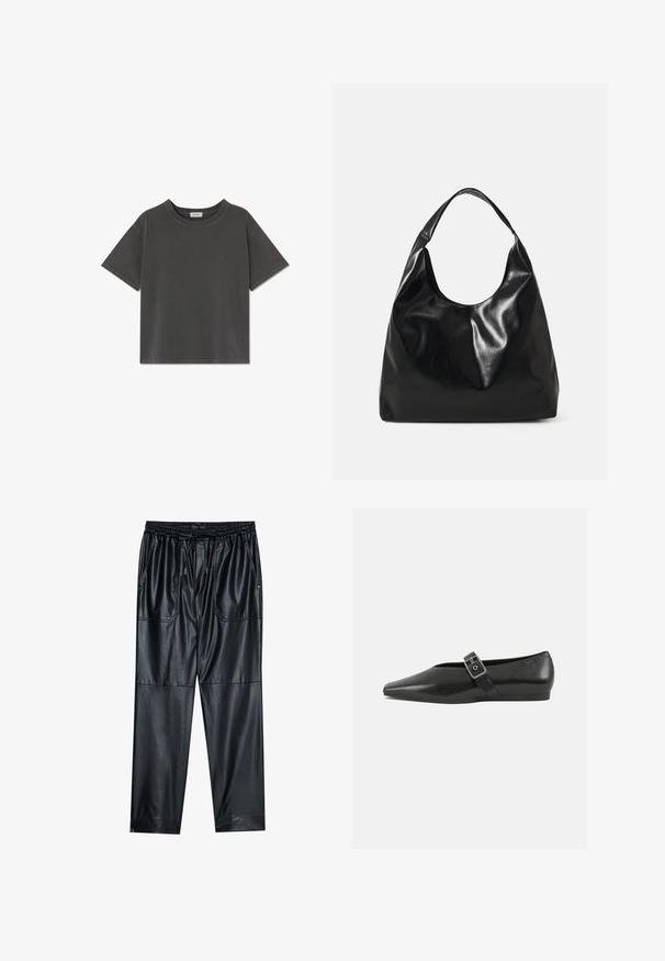 Kurzärmeliges T-Shirt in Holzkohlegrau mit Rundhalsausschnitt, geradem Saum und sichtbaren Nähten an Ärmeln und Kragen.; Schwarze Kunstlederhosen mit elastischem Bund, Kordelzug und zwei Vordertaschen. Mit lockerer, schmaler Passform und glatter Textur.; Schwarze Lederflachschuhe mit spitzem Zehenbereich, ausgestattet mit einem metallischen Riemen über dem Spann und einer niedrigen, flexiblen Sohle.; Schwarze Leder-Hobo-Tasche mit einer weichen, glänzenden Textur und einem runden, offenen Oberteil. Verfügt über einen breiten, gebogenen Tragegurt. Keine sichtbaren Beschläge.