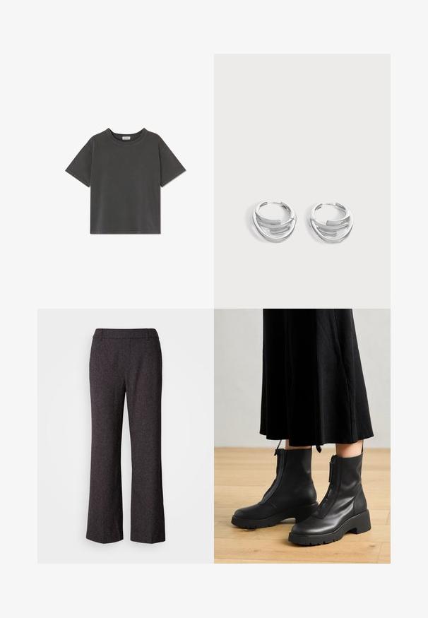 Kurzärmeliges T-Shirt in Holzkohlegrau mit Rundhalsausschnitt, geradem Saum und sichtbaren Nähten an Ärmeln und Kragen.; Mos Mosh SVALA - Stoffhose - black; Schwarze Lederstiefeletten mit einer dicken Plattformsohle und einem Reißverschluss vorne. Glatte Textur mit einem minimalistischen Design.; Paar polierte silberne Creolen mit geschichtetem, gebogenem Stabdesign auf einem einfarbigen hellen Hintergrund.