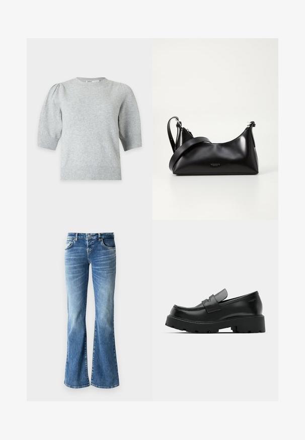 Hellgrauer Strickpullover mit kurzen Ärmeln, gepufften Schultern und gerippten Bündchen und Saum, Rundhalsausschnitt, Vorderansicht.; Hellblaue Jeans im Schlagstil mit ausgebleichtem Waschlook, fünf Taschen, gestickten Details und einem Reißverschluss mit Knopfverschluss.; Schwarze Leder-Loafers mit einer chunky strukturierten Sohle, ausgestattet mit einem Riemen über dem Spann und einer glatten, polierten Oberfläche.; Schwarze lederne Handtasche mit glatter Textur. Verfügt über einen verstellbaren Riemen und ein elegantes, minimalistisches Design mit einem Reißverschluss.