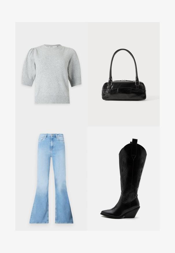 Hellgrauer Strickpullover mit kurzen Ärmeln, gepufften Schultern und gerippten Bündchen und Saum, Rundhalsausschnitt, Vorderansicht.; Hellblaue Bootcut-Jeans aus Denim mit hoher Taille, die vordere Taschen und eine ausgebleichte Textur am unteren Beinbereich aufweisen.; Schwarzer Leder-Cowboystiefel mit spitzer Zehe, schrägem Blockabsatz, dekorativer Naht und Zuglaschen oben vor weißem Hintergrund.; Schwarze Lederhandtasche in rechteckiger Form, mit einem stabilen Griff, silbernem Zubehör und Reißverschluss. Glatte Textur.