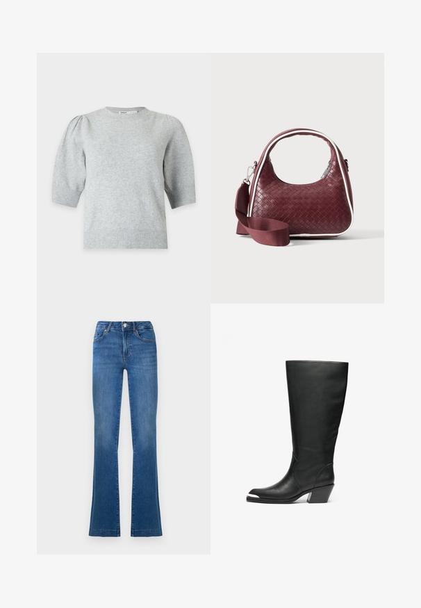 Hellgrauer Strickpullover mit kurzen Ärmeln, gepufften Schultern und gerippten Bündchen und Saum, Rundhalsausschnitt, Vorderansicht.; Blaue Boots-Cut-Jeans aus Denim, mit einem klassischen Fünf-Taschen-Design, einem vorderen Knopfverschluss und leicht ausgebleichten Stellen an den Oberschenkeln.; Hohe schwarze Lederstiefel mit geschlossener Zehe und Ausschnittdesign. Sie haben einen klobigen Absatz und eine glatte Textur. Auffällige seitliche Paneeldetails.; Dunkelrote gewebte Ledertasche mit gebogenem Griff, weißem Besatz, silbernem Reißverschluss und abnehmbarem breitem Stoff-Schulterriemen vor einfarbigem Hintergrund.