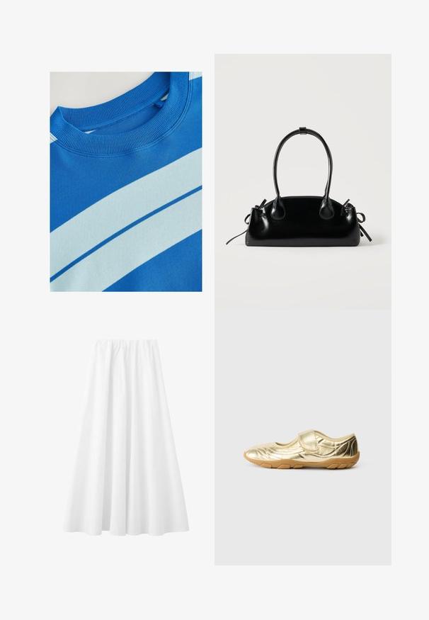 Blaues Sweatshirt mit geripptem Rundhalsausschnitt, ausgestattet mit horizontalen hellblauen Streifen und einer glatten Textur. Sauberes Design, weiches Material.; Langer weißer Rock mit elastischem Bund und fließendem Stoff bis zum Saum.; Goldfarbene Metallicschuhe mit glatter Textur, einem Klettverschluss, runder Zehenpartie und einer flexiblen Gummisohle mit strukturierten Rillen.; Kleine schwarze glänzende Handtasche mit zwei langen Griffen und seitlichen Kordelzug-Details vor einfachem hellem Hintergrund.