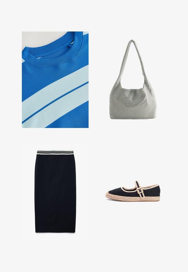 Sininen huppari, jossa on ribbireunus kaula-aukossa, ja siinä on vaakasuoria vaaleansinisiä raitoja sekä sileä pinta. Siisti muotoilu, pehmeä materiaali.; Mekko navy-värissä, joka on valmistettu pehmeästä kankaasta, ja siinä on valko-musta raidallinen elastinen vyötärö ja suora leikkaus ilman koristeita.; Musta kangasmateriaali Mary Jane -tyylinen tasapohjainen kenkä, jossa beigenvärinen reunus, punottu juuttipohja ja kultainen solkisilmukkahihna valkoisella taustalla.; Pieni hopeinen käsilaukku, joka on peitetty kiiltävistä paljeteista tehdyllä verkolla ja jossa on leveä olkahihna.