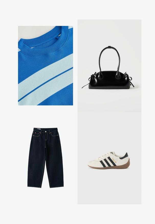 Blaues Sweatshirt mit geripptem Rundhalsausschnitt, ausgestattet mit horizontalen hellblauen Streifen und einer glatten Textur. Sauberes Design, weiches Material.; Dunkelblaue Jeans mit weitem Bein, fünf Taschen, Knopfverschluss und Kontrastnähten auf weißem Hintergrund.; Weißer Adidas-Sneaker mit schwarzen Streifen, brauner strukturierter Sohle und goldener Aufschrift "SPEZIAL" an der Seite, von der Außenseite betrachtet.; Kleine schwarze glänzende Handtasche mit zwei langen Griffen und seitlichen Kordelzug-Details vor einfachem hellem Hintergrund.