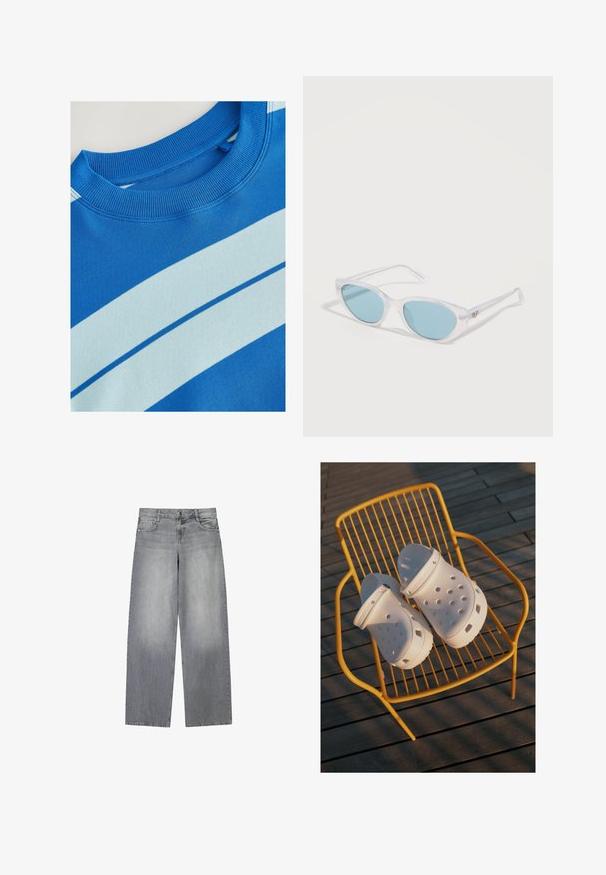Blauwe sweatshirt met een geribde ronde hals, voorzien van horizontale lichtblauwe strepen en een gladde structuur. Schoon ontwerp, zachte stof.; Wijduitlopende grijze denim jeans met een licht vervaagde afwerking, voorzien van vijf zakken, een knoopsluiting aan de voorkant en lussen voor een riem.; Witte Crocs klompen hebben een geperforeerd design, vlakke zolen en verstelbare hielbanden, geplaatst op een gele draadstoel tegen een houten vloer.; Doorzichtige zonnebril met afgeronde blauwe glazen en smalle pootjes, rustend op een wit oppervlak.