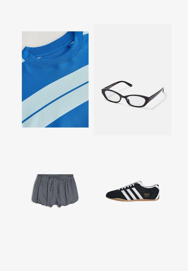 Blaues Sweatshirt mit geripptem Rundhalsausschnitt, ausgestattet mit horizontalen hellblauen Streifen und einer glatten Textur. Sauberes Design, weiches Material.; Marineblaue und weiß karierte Shorts mit elastischem Bund und vorderem Kordelzug, auf weißem Hintergrund dargestellt.; Schwarze Wildledersneaker mit drei weißen Streifen, goldenem Logo und brauner Gummisohle. Merkmale ein niedrigprofiliertes Schnürdesign.; Katzenaugen-Brillen mit einem glänzenden, dunkel-schalenförmigen Kunststoffrahmen, der geschwungene Arme und klare Gläser aufweist. Minimale Markenkennzeichnung an der Seite.