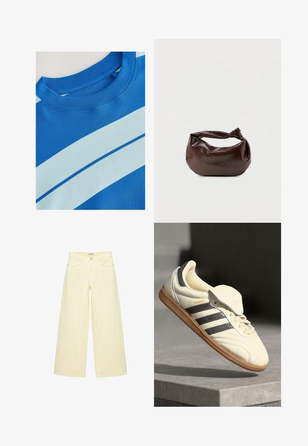 Blå sweatshirt med ribbet rund hals, der har horisontale lyseblå striber og en glat tekstur. Rent design, blødt stof.; Bukser med vide ben i cremefarve med forlommer, bæltestropper og knaplukning ved taljen.; Cremefarvede lædersneakers med tre mørke striber, en brun gummisål og en afrundet tå. Har en foldbar tunge mærket "SAMBA."; Mørkebrun læder skuldertaske med en blød, afslappet form og et snoet knudehåndtag på en ensartet hvid baggrund.