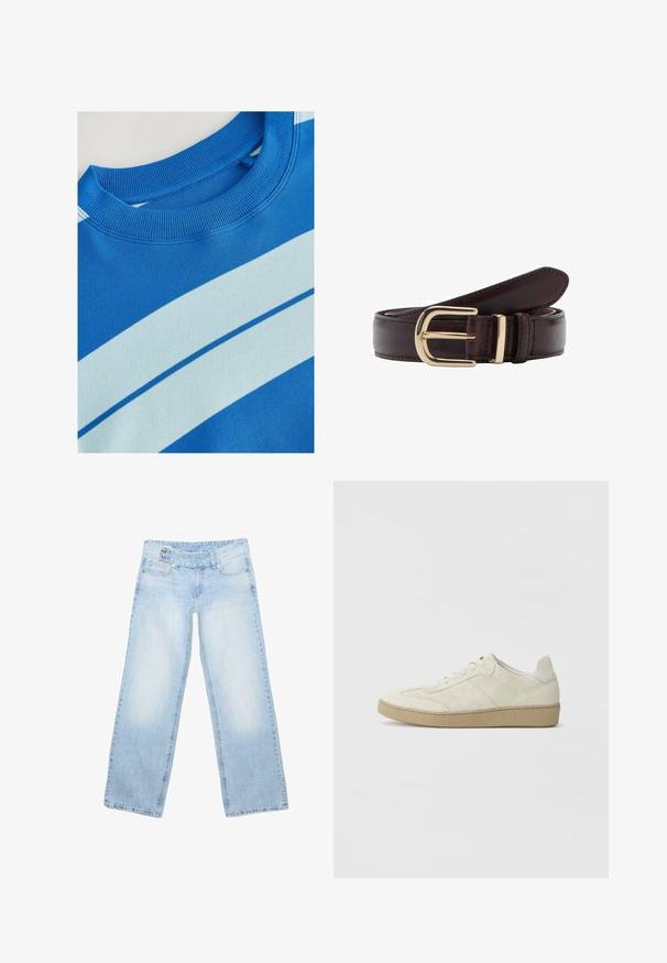 Blaues Sweatshirt mit geripptem Rundhalsausschnitt, ausgestattet mit horizontalen hellblauen Streifen und einer glatten Textur. Sauberes Design, weiches Material.; Hellblaue Denim-Jeans mit geradem Bein, Fronttaschen, Gürtelschlaufen und doppeltem Knopfverschluss an der Taille.; Beige Wildledersneaker mit strukturiertem Design, flacher Gummisohle und ausgeprägter Seitennaht. Runde Zehenform und gepolsterter Kragen.; Brauner Ledergürtel mit goldfarbenem Metallverschluss, der eine glatte Textur und ein klassisches, zulaufendes Design aufweist.