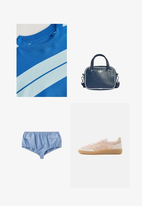 Blaues Sweatshirt mit geripptem Rundhalsausschnitt, ausgestattet mit horizontalen hellblauen Streifen und einer glatten Textur. Sauberes Design, weiches Material.; Blau-weiß karierte Boxershorts mit elastischem Bund und zwei vorne mit Knöpfen verschließbaren Klappentaschen.; Beiger Adidas Low-Top-Sneaker mit gewebtem Obermaterial, Gummisohle in Kautschukoptik und drei charakteristischen Streifen an der Seite.; Dunkelblaue Lederhandtasche mit doppelten Griffen, weißen Absetzungen und silbernem Logo. Enthält einen abnehmbaren Schultergurt und eine strukturierte Oberfläche.