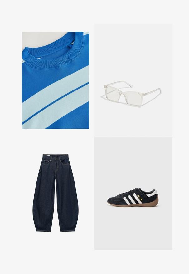 Blå sweatshirt med ribbet rund hals, der har horisontale lyseblå striber og en glat tekstur. Rent design, blødt stof.; Mørkeblå vidde jeans med frontlommer, bæltestropper og knaplukning i taljen.; Sort ruskindssneaker med tre hvide striber, gummisål og et lille gyldent logo på siden. Har en glat sort foring indvendigt.; Klare plastiske briller med firkantet ramme og gennemsigtige linser, der har guld accenter på tempelstængerne for ekstra detaljer.