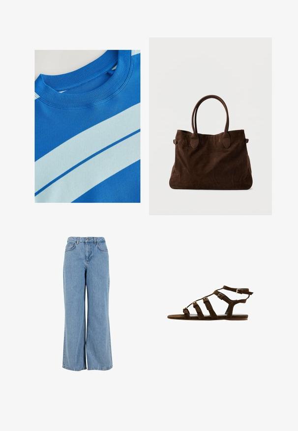 Blaues Sweatshirt mit geripptem Rundhalsausschnitt, ausgestattet mit horizontalen hellblauen Streifen und einer glatten Textur. Sauberes Design, weiches Material.; DEF TRIP BAGGYS - Jeans Relaxed Fit - light blue; Braune flache Gladiator-Sandale mit mehreren verstellbaren Schnallenriemen und Knöchelverschluss, im Seitenprofil gezeigt.; Braune Wildleder-Tote mit zwei langen Griffen, ovalen Akzenten und einem geräumigen Design. Weiche Textur und minimalistisches Erscheinungsbild.
