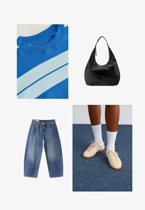 Blaues Sweatshirt mit geripptem Rundhalsausschnitt, ausgestattet mit horizontalen hellblauen Streifen und einer glatten Textur. Sauberes Design, weiches Material.; Blaue Denim-Jeans in lockerer Passform, mit Vorderknopf und Reißverschluss, Taschen vorne und hinten sowie ausgewaschenen Waschdetails.; Person mit beigen Adidas Sneakers mit weißen Streifen und weißen Socken, der auf einem blauen Teppichboden steht.; Schwarze Leder-Hobo-Tasche mit einem breiten Riemen und einem Reißverschlussdetail auf einem schlichten weißen Hintergrund.