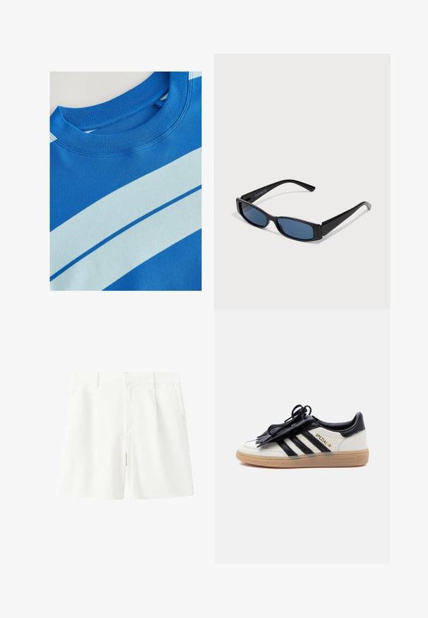 Blaues Sweatshirt mit geripptem Rundhalsausschnitt, ausgestattet mit horizontalen hellblauen Streifen und einer glatten Textur. Sauberes Design, weiches Material.; Weiße legere Shorts mit Gürtelschlaufen, Frontreißverschluss und Seitentaschen, flach auf weißem Hintergrund dargestellt.; Weißer und schwarzer Adidas Spezial Sneaker mit Gummisohle, schwarzen Streifen und schwarzer Schnürsenkelabdeckung auf einfarbig hellem Hintergrund.; Schwarze Sonnenbrille mit einem eleganten rechteckigen Rahmen und blauen Gläsern. Besitzt eine glatte Oberfläche und robuste Scharniere. Markenlogo an der Seite.