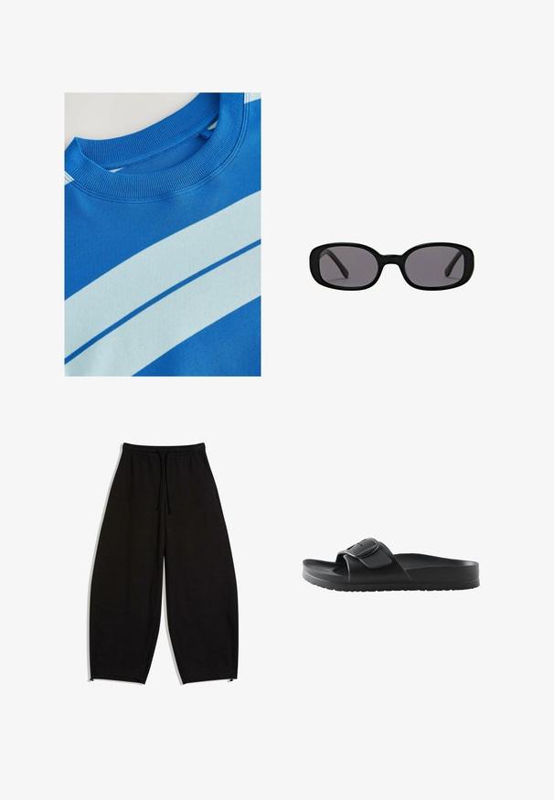 Blaues Sweatshirt mit geripptem Rundhalsausschnitt, ausgestattet mit horizontalen hellblauen Streifen und einer glatten Textur. Sauberes Design, weiches Material.; Lockere schwarze Sweatpants mit elastischem Bund, Kordelzug, Seitentaschen und verstellbaren Säumen.; Schwarze Slide-Sandale mit strukturierter Sohle, breitem verstellbarem Riemen und großer quadratischer Schnalle auf weißem Hintergrund.; Schwarze ovale Sonnenbrille mit dicken Rahmen und dunklen Gläsern auf schlichtem weißem Hintergrund.