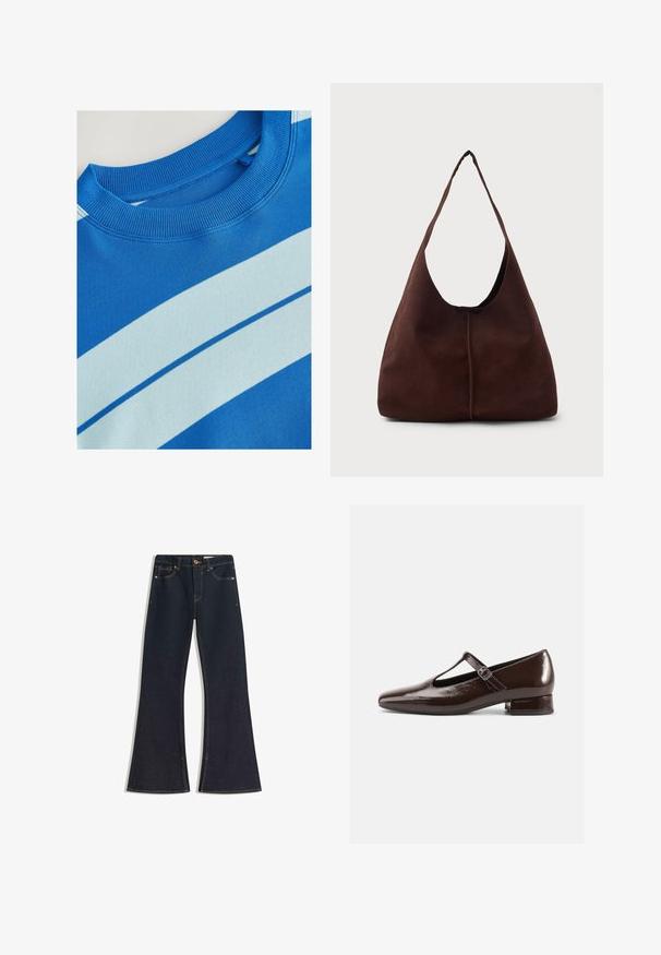 Blaues Sweatshirt mit geripptem Rundhalsausschnitt, ausgestattet mit horizontalen hellblauen Streifen und einer glatten Textur. Sauberes Design, weiches Material.; Dunkle Denim-Flared-Jeans mit hoher Taille, kontrastierender Naht, Knopfverschluss und vier Taschen. Die Hosenbeine werden zum Saum hin weiter.; Braune Mary-Jane-Schuhe aus Lackleder mit abgerundetem Zehenbereich, Cut-out-Design und verstellbarem Riemen. Niedriger Blockabsatz.; Braune Wildleder-Hobo-Tasche mit einer großen, geschwungenen Öffnung und einem breiten Schulterriemen. Sie verfügt über eine mittige Naht auf der Vorderseite. Glatte Textur.