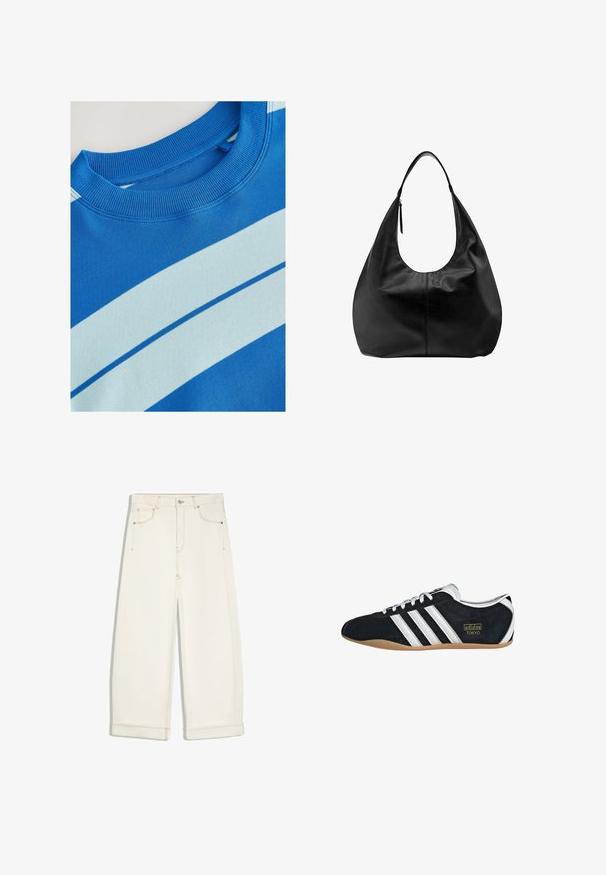 Blauwe sweatshirt met een geribde ronde hals, voorzien van horizontale lichtblauwe strepen en een gladde structuur. Schoon ontwerp, zachte stof.; Off-white wijde cropped broek met knoop aan de voorkant, rits, twee voorzakken en zichtbare bruine stiksels.; Zwarte suède sneaker met witte drie strepen, gouden logo en een bruine rubberen zool. Heeft een laag profiel vetersluiting ontwerp.; Zwarte leren slouchy hobo-handtas met een enkele brede band en een rits-trekker detail op een effen witte achtergrond.