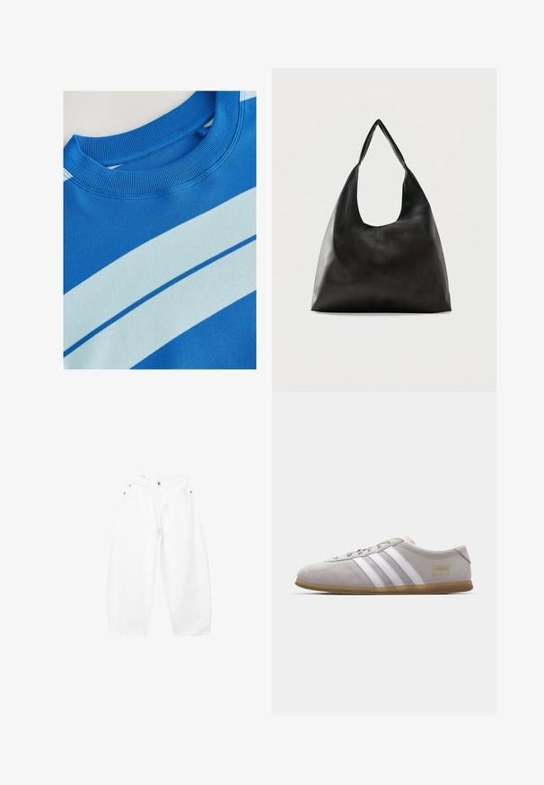 Blå sweatshirt med ribbet rund hals, der har horisontale lyseblå striber og en glat tekstur. Rent design, blødt stof.; Løse hvide denimjeans med knap- og lynlåslukning, bæltestropper og forlommer, vist på en ensfarvet baggrund.; Grå suedestøvle med hvide læderstriber og guldlogo-detalje. Flad gummisål, rund tå og klassisk snølukkedesign.; Sort skuldertaske i glat læder med en bred, enkelt strop og et afslappet, minimalistisk design mod en ensfarvet baggrund.