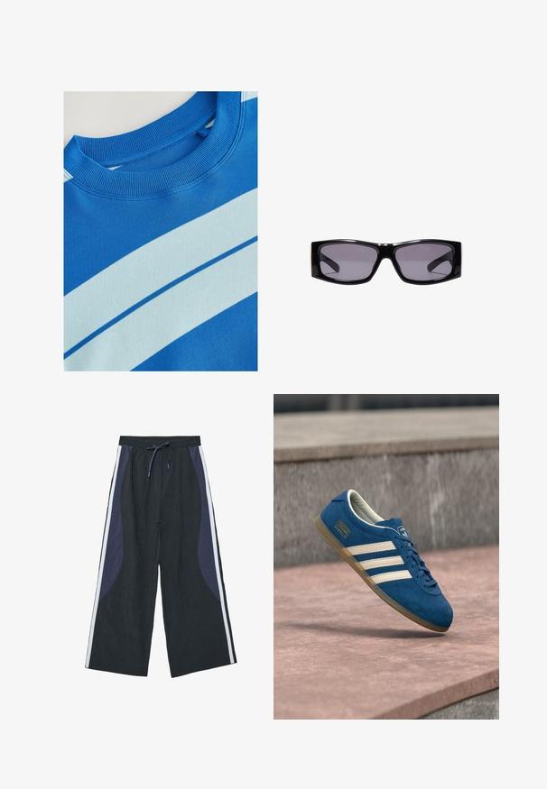 Blaues Sweatshirt mit geripptem Rundhalsausschnitt, ausgestattet mit horizontalen hellblauen Streifen und einer glatten Textur. Sauberes Design, weiches Material.; Schwarze, weit geschnittene Hose mit marineblauen Seitenteilen, weißen vertikalen Streifen und einem elastischen Bund mit vorderem Kordelzug.; Blaue Wildledersneaker mit cremefarbenen Streifen und Schnürsenkeln, Gummisohle in Karamellfarbe, strukturierte Oberfläche, abgerundete Zehenpartie und Markenlogo an der Seite.; Schwarze rechteckige Sonnenbrille mit dunkel getönten Gläsern und glänzendem Kunststoffrahmen, zentriert auf weißem Hintergrund dargestellt.
