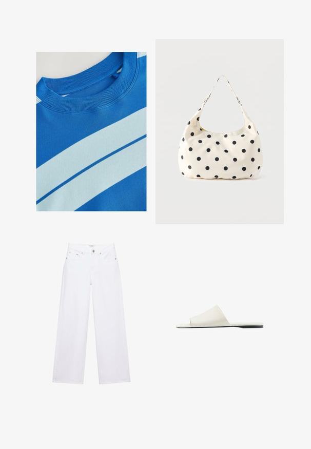 Blauwe sweatshirt met een geribde ronde hals, voorzien van horizontale lichtblauwe strepen en een gladde structuur. Schoon ontwerp, zachte stof.; Witte jeans met hoge taille en wijde pijpen, voorzien van knoop- en ritssluiting, voor- en achterzakken, en zilverkleurige klinknageldetails.; Witte slidesandaal met een brede band en platte zool, gezien van opzij op een witte achtergrond.; Crèmekleurige stoffen handtas met zwarte polkadots en een enkele schouderriem, getoond tegen een effen witte achtergrond.