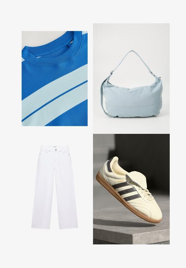 Blauwe sweatshirt met een geribde ronde hals, voorzien van horizontale lichtblauwe strepen en een gladde structuur. Schoon ontwerp, zachte stof.; Witte jeans met hoge taille en wijde pijpen, voorzien van knoop- en ritssluiting, voor- en achterzakken, en zilverkleurige klinknageldetails.; Crème leren sneaker met drie donkere strepen, een bruine gumrubberen zool en een ronde neus. Voorzien van een opvouwbare tong met het label "SAMBA."; Lichtblauwe denim schoudertas met een ronde vorm, verstelbare schouderband en subtiele stiksels langs de onderrand. Zachte textuur.