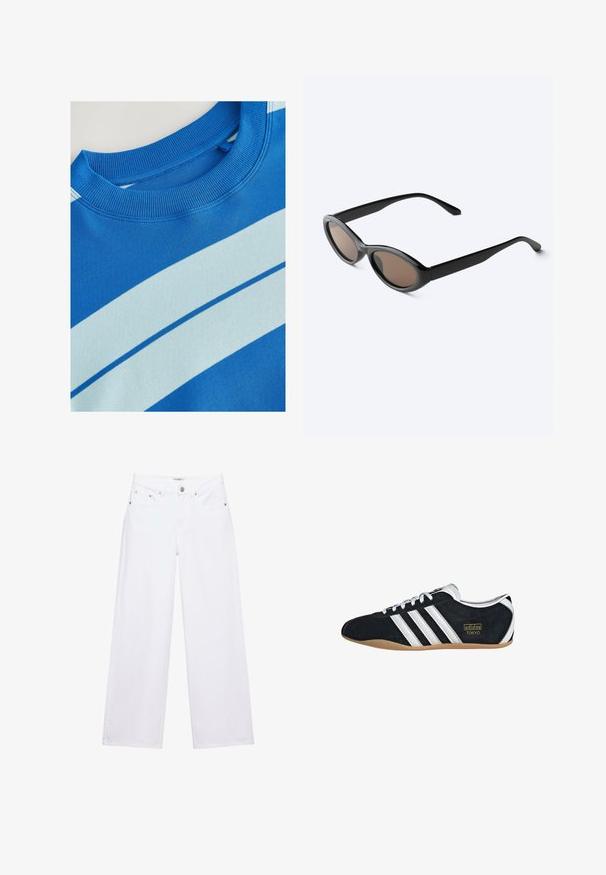 Blaues Sweatshirt mit geripptem Rundhalsausschnitt, ausgestattet mit horizontalen hellblauen Streifen und einer glatten Textur. Sauberes Design, weiches Material.; Weiße, hoch taillierte Jeans mit weitem Bein, Knopf- und Reißverschluss, Taschen vorne und hinten sowie silbernen Nieten.; Schwarze Wildledersneaker mit drei weißen Streifen, goldenem Logo und brauner Gummisohle. Merkmale ein niedrigprofiliertes Schnürdesign.; Schwarze Sonnenbrille mit ovalem Rahmen und dunkel getönten Gläsern, leicht schräg auf einer weißen Oberfläche gezeigt.
