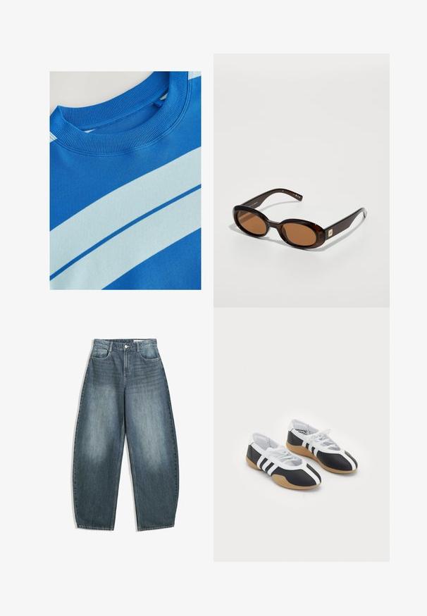 Blå sweatshirt med ribbet rund hals, der har horisontale lyseblå striber og en glat tekstur. Rent design, blødt stof.; Lys blå denim bredbenede jeans har høj talje, fem lommer, diskret fald og syninger langs sømmene.; Sort-hvide sportsko med et slankt design, gummisål, snørebåndslukning og tre hvide striber på siden.; Brune skildpadde-solbriller med ovale linser, der har en tynd stel og en lille metalaccent på siden. Struktureret og poleret overflade.