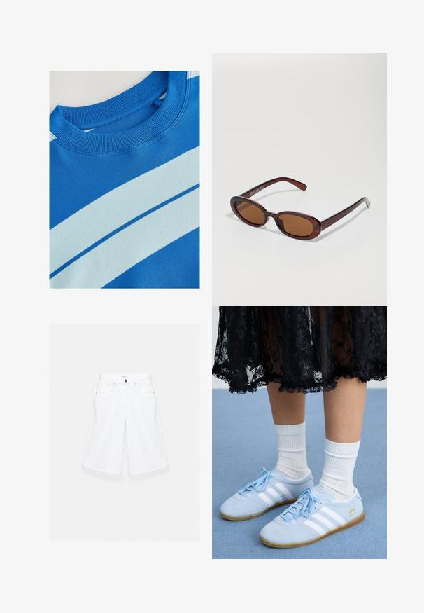 Blå sweatshirt med ribbet rund hals, der har horisontale lyseblå striber og en glat tekstur. Rent design, blødt stof.; Hvide knælange denimshorts med forlommer, bæltestropper og knaplukning.; Lyseblå sneakers med hvide striber og hvide sokker, båret med en sort blondekjole, på en blå tæppeoverflade.; Runde, bruntonede solbriller med en glansfuld bordeauxramme. Slanke arme med diskret brandingdetalje. Flad linsedesign.