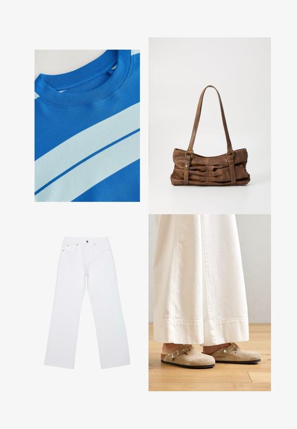 Blaues Sweatshirt mit geripptem Rundhalsausschnitt, ausgestattet mit horizontalen hellblauen Streifen und einer glatten Textur. Sauberes Design, weiches Material.; Weiße Straight-Leg-Jeans mit fünf Taschen, Gürtelschlaufen und einem vorderen Verschluss mit Knopf und Reißverschluss, flach auf einem weißen Hintergrund liegend.; Beige Wildlederschlappen mit einem geschnallten Riemen und Nietenakzenten, getragen zu weißen, weit geschnittenen Hosen, auf einem Holzboden.; Even&Odd Handtasche - brown