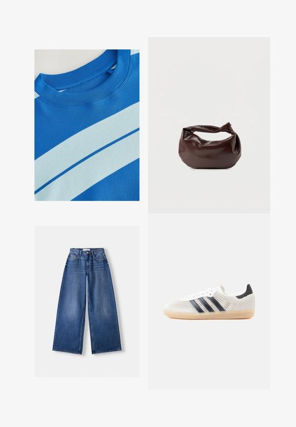 Blauwe sweatshirt met een geribde ronde hals, voorzien van horizontale lichtblauwe strepen en een gladde structuur. Schoon ontwerp, zachte stof.; Wijd uitlopende blauwe spijkerbroek met voorkanten, riemlussen en knoopsluiting, plat liggend op een lichte achtergrond.; Witte sneakers van mesh met een zwart ontwerp van drie strepen, een ronde neus en een rubberen gumzool. Voorzien van een zachte hielkraag en een vetersluiting.; Donkerbruine leren schoudertas met een zachte, slungelige vorm en een gedraaide knoopvormige handgreep op een effen witte achtergrond.