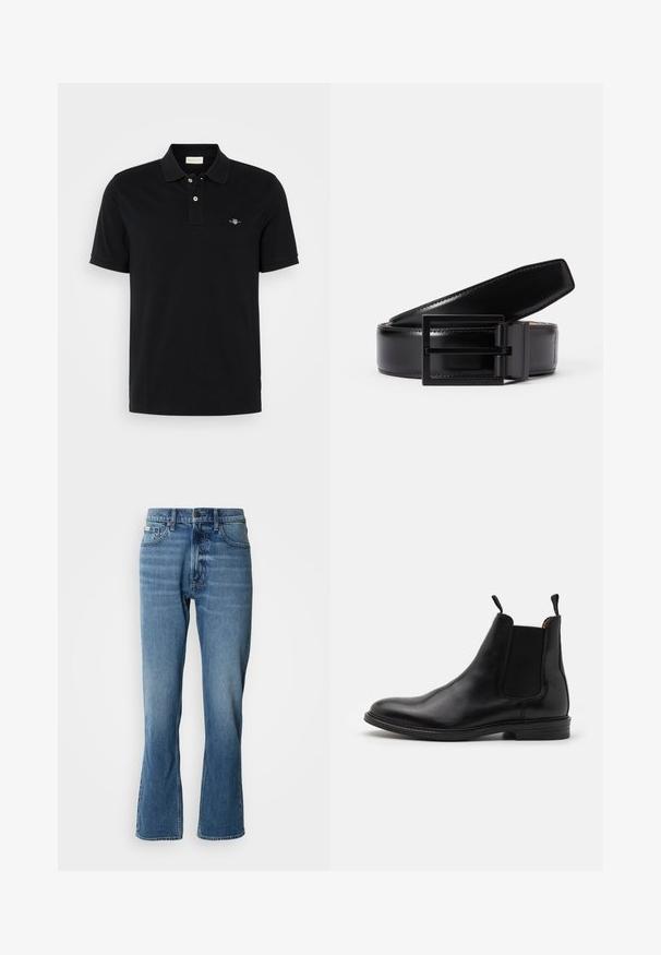Polo noir en coton, doté d'un col classique, d'une patte de boutonnage à deux boutons, de manches courtes et d'un petit logo brodé sur la poitrine.; Jeans en denim bleu clair avec une coupe droite et une légère évasée. Comprend cinq poches, une fermeture à bouton et des détails de décoloration subtils.; Botte Chelsea en cuir noir avec panneaux élastiques sur les côtés, bout arrondi, anses et talon bas empilé. Texture lisse et design classique.; Ceinture en cuir noir avec une finition lisse, dotée d'une boucle en métal noir carré. La ceinture présente des coutures discrètes et un design classique.