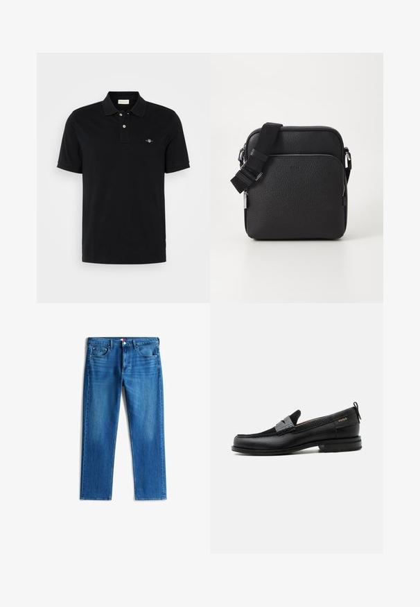 Polo noir en coton, doté d'un col classique, d'une patte de boutonnage à deux boutons, de manches courtes et d'un petit logo brodé sur la poitrine.; Jean droit bleu en denim avec cinq poches, fermeture par bouton et légère décoloration sur l'avant des cuisses.; Mocassin en cuir noir avec détail de bride grise, talon bas et semelle texturée, marqué "HUGO" en or sur le côté.; Sac bandoulière en cuir noir avec une surface texturée, doté d'une poche zippée à l'avant, d'une bandoulière ajustable et d'accents en métal.