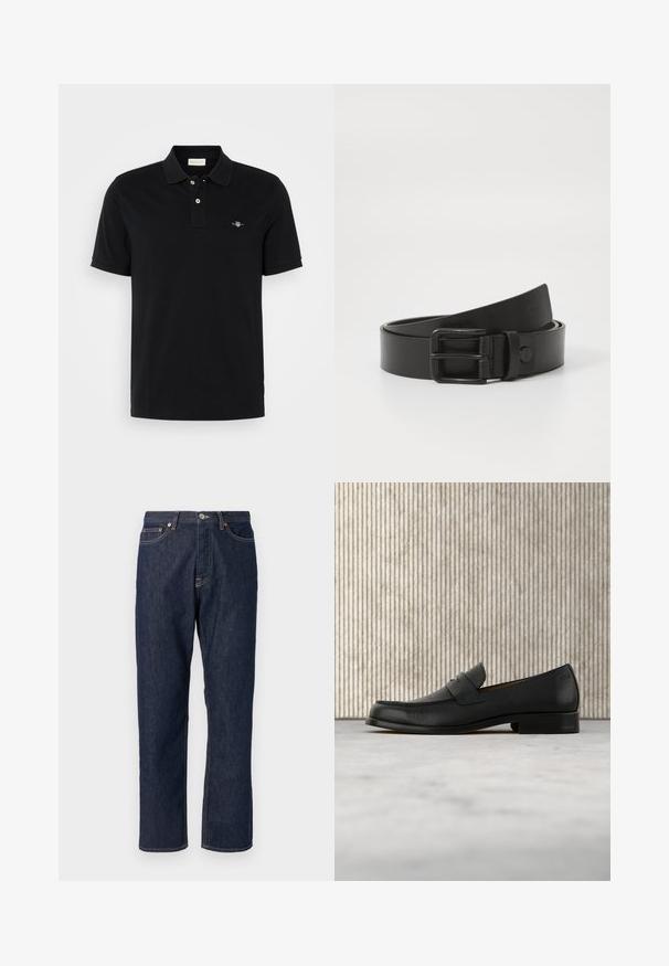 Polo noir en coton, doté d'un col classique, d'une patte de boutonnage à deux boutons, de manches courtes et d'un petit logo brodé sur la poitrine.; Jean en denim bleu foncé avec une coupe droite. Comprend une fermeture à bouton et à fermeture éclair, cinq poches et des détails de surpiqure contrastants.; Mocassin en cuir noir flottant au-dessus d'un tapis beige avec une table ronde brune brillante en arrière-plan.; Ceinture en cuir noir avec une boucle en métal rectangulaire. Présente une texture lisse et un design minimaliste, avec un léger enroulement à l'extrémité.