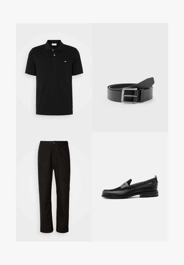 Polo noir en coton, doté d'un col classique, d'une patte de boutonnage à deux boutons, de manches courtes et d'un petit logo brodé sur la poitrine.; Pantalon en coton noir avec une coupe droite, des passants de ceinture, une fermeture éclair à l'avant et un seul bouton. Texture lisse sans motifs visibles.; Mocassin en cuir noir avec détail de bride grise, talon bas et semelle texturée, marqué "HUGO" en or sur le côté.; Ceinture en cuir noir enroulée avec une boucle métallique rectangulaire argentée gravée "BOSS" sur un fond gris clair.