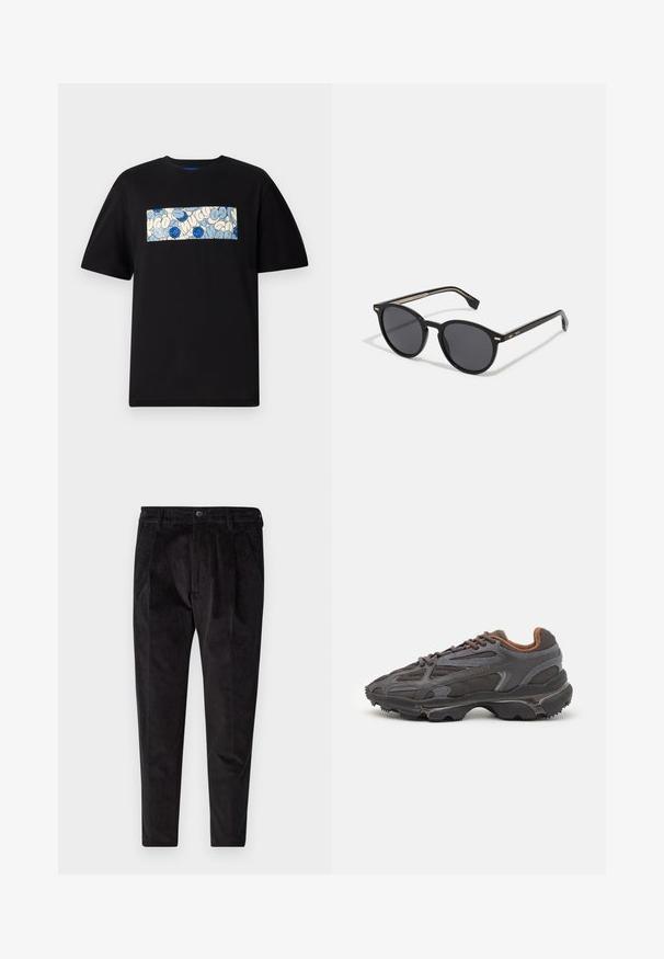 Camiseta de algodón negra con un gráfico rectangular en azul y crema, con patrones circulares y garabatos, diseñada para un ajuste relajado.; Pantalones de pana negra con un acabado texturizado, que presentan una pierna recta, un frente de pliegues y una cinturilla elástica para mayor comodidad.; Zapatillas Lacoste en gris oscuro con material de malla y sintético, que cuentan con una suela texturizada y detalles en marrón en el cuello y la marca.; BOSS Gafas de sol - black