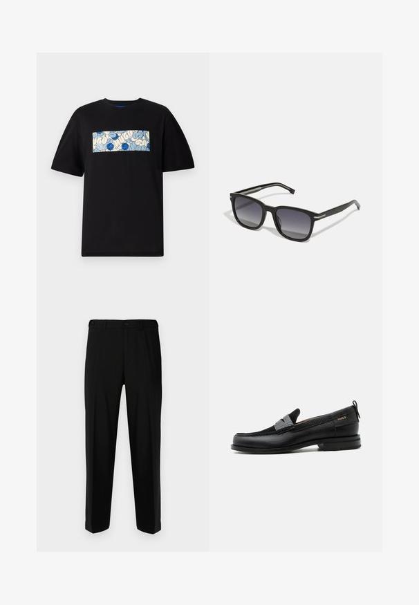 Camiseta de algodón negra con un gráfico rectangular en azul y crema, con patrones circulares y garabatos, diseñada para un ajuste relajado.; Pantalones negros de tela suave, con corte recto, dos bolsillos frontales y cremallera con cierre de botón.; Mocasín de cuero negro con detalle de tira gris, tacón bajo y suela texturizada, con la marca "HUGO" en oro en el lateral.; BOSS Gafas de sol - black