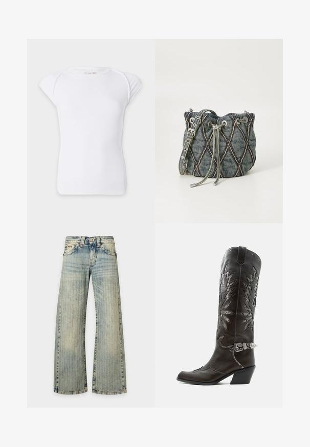 T-shirt blanc à manches courtes en maille côtelée avec un col rond et des épaules légèrement tombantes sur un fond uni.; Jean en denim bleu clair avec un motif à rayures verticales délavées, poches avant, fermeture à boutons et jambes larges et droites.; Botte de cowboy en cuir noir avec découpes décoratives, boucle argentée et talon incliné, présentée sur fond blanc.; Sac seau en denim avec un motif matelassé en diamant, cordon de serrage gris, accents en métal argenté et texture douce, doté d'une bandoulière amovible.