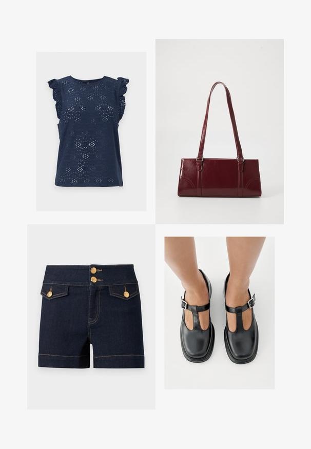 Blouse sans manches bleu marine avec motif en dentelle ajourée et manches courtes à volants, col rond et ourlet droit.; Short en jean denim bleu foncé taille haute, avec deux poches à rabat à l'avant et des boutons décoratifs dorés sur la ceinture et les poches.; Chaussures en cuir noir avec un design à bride en T, bout fermé et accents de boucles argentées. Texture lisse avec un bout arrondi et une semelle plate.; Sac à main bordeaux en matériau brillant, de forme rectangulaire, avec deux anses et des accents légèrement courbés à l'avant.