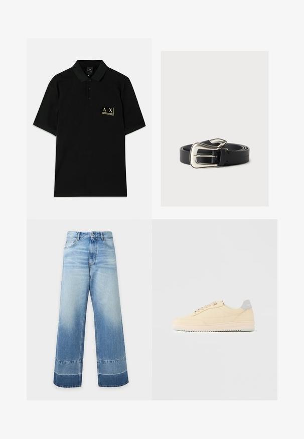 Sort polo-shirt lavet af bomuld, med en tre-knaps placket og et guld broderet logo på venstre bryst. Korte ærmer, klassisk pasform.; Vidde, lyseblå denimjeans med falmede detaljer og mørkere farveblokke nær kanten, foran knap og synlige lommer.; Beige lavtop sneaker med snørelukning foran, lyserød sål og grå hællap med mærket "Filling Pieces", vist i profil på ensfarvet baggrund.; Sort læderbælte med en stor sølv western-stil spænde, sammenrullet på en neutral baggrund.