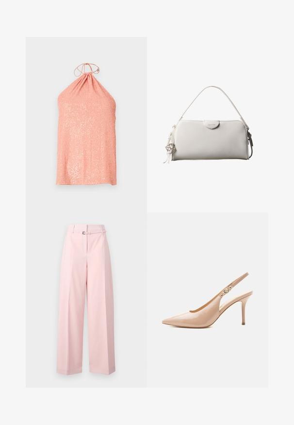 Haut halter pêche en tissu texturé avec des sequins, présentant un col froncé et une fermeture à nouer à l'arrière.; Pantalon à jambes larges en rose doux, avec une taille haute, une ceinture à boucle argentée et des plis subtils pour plus de structure.; Chaussure slingback beige en cuir verni à talon haut avec bout pointu et petit détail de boucle dorée sur la bride.; Sac à main rectangulaire blanc Calvin Klein avec une seule poignée, design minimaliste et pampilles décoratives avec un charm métallique géométrique sur le côté.