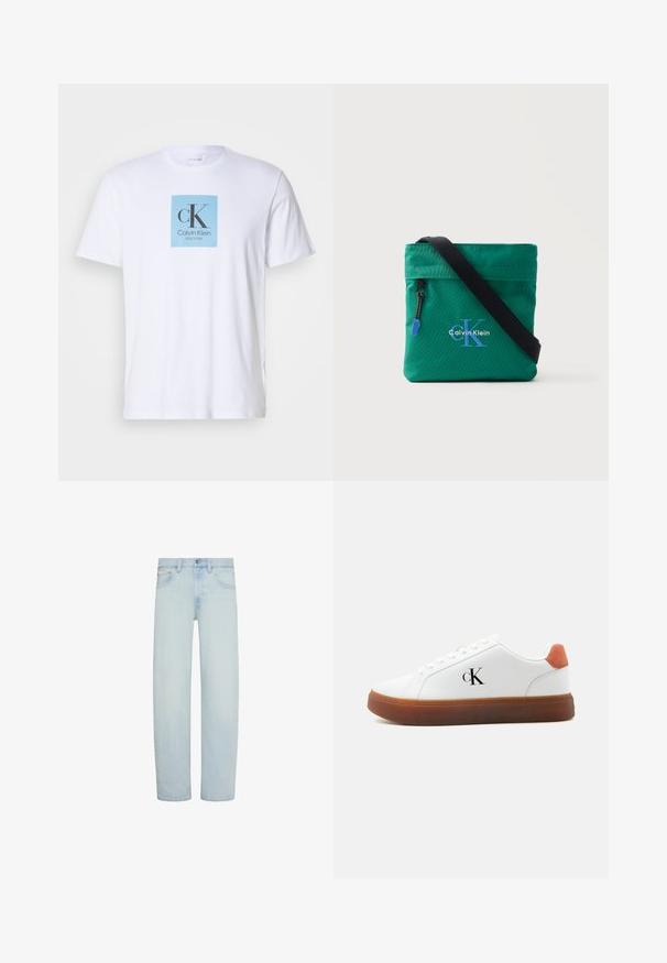 Weißes T-Shirt mit kurzen Ärmeln und einem hellblauen Quadrat auf der Brust, das das Textlogo "cK Calvin Klein New York" zeigt.; Hellblaue Denim-Jeans mit geradem Bein, vorderem Knopf- und Reißverschluss, Gürtelschlaufen und Vordertaschen.; Weißer Sneaker mit brauner Sohle, orangefarbenem Fersenlasche, Schnürsenkeln und "cK"-Logo an der Seite.; Grüne Umhängetasche mit schwarzem Riemen, Frontreißverschlusstasche und blauem "Calvin Klein"-Logo auf einfarbigem Hintergrund.