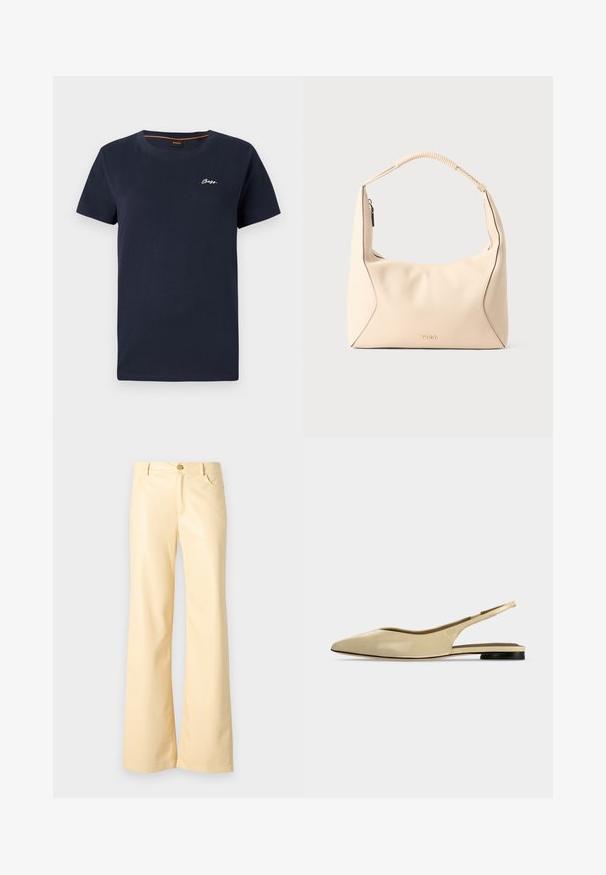Navyblauwe katoenen T-shirt met een ronde halslijn en korte mouwen. Bevat een witte geborduurde "BOSS"-logo op de linkerborst.; Brede broek in een lichtgele kleur, gemaakt van glad, glanzend materiaal. Voorzien van een voorknoop, twee zijzakken en een rechte snit.; Beige platte slingback schoen met puntige neus, lage zwarte hak en een glad leren afwerking, zijaanzicht op een effen achtergrond.; Crème kleurige leren handtas met gevlochten handvat en gouden rits, met subtiel geperst "HUGO" logo op het voorste midden.