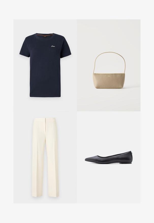 T-shirt en coton bleu marine avec un col rond et des manches courtes. Présente un logo "BOSS" brodé en blanc sur la poitrine gauche.; Pantalon droit sur mesure couleur blanc cassé avec pli avant, ceinture et fermeture avant dissimulée sur un fond uni.; Chaussure plate en cuir noire à bout pointu avec petit talon, vue de profil sur fond blanc.; Sac à main tissé beige avec fine bandoulière et petit logo doré "BOSS" à l'avant, présenté sur fond blanc uni.
