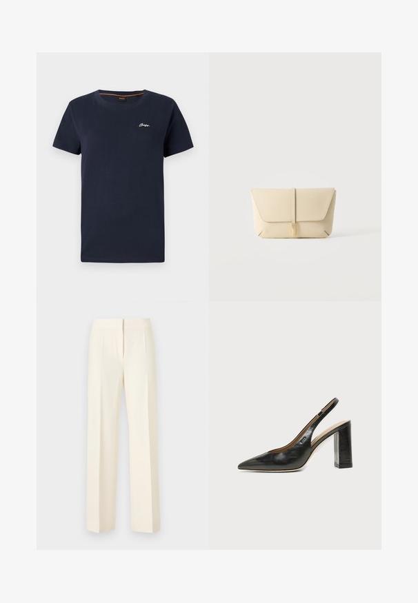 Navyblaue Baumwoll-T-Shirt mit rundem Halsausschnitt und kurzen Ärmeln. Verfügt über ein weißes, aufgenähtes "BOSS"-Logo auf der linken Brust.; Off-white maßgeschneiderte, gerade geschnittene Hosen mit Bügelfalte vorne, Bund und verdecktem vorderem Verschluss vor einfarbigem Hintergrund.; Schwarzer Leder-Slingback-Schuh mit spitzer Kappe, hohem Blockabsatz und beigegefüttertem Innenraum vor hellem, einfarbigem Hintergrund.; Beige Leder-Clutch mit einer vorderen Klappe und einem vertikalen Riemenverschluss vor einem schlichten hellen Hintergrund.