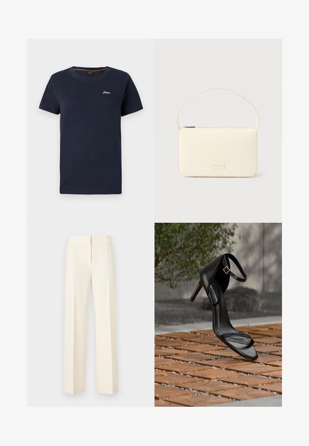 Navyblauwe katoenen T-shirt met een ronde halslijn en korte mouwen. Bevat een witte geborduurde "BOSS"-logo op de linkerborst.; Off-white rechte, op maat gemaakte broek met voorplooi, tailleband en verborgen voorzijde sluiting tegen een effen achtergrond.; Zwarte hoge hak sandaal met enkelbandje zweeft boven een houten tegelvloer buiten, met een onscherpe groene en stenen achtergrond.; Roomkleurige rechthoekige handtas met een enkele draagband en een ritssluiting aan de bovenkant, met een klein ingegraveerd logoplacaat op de voorkant.