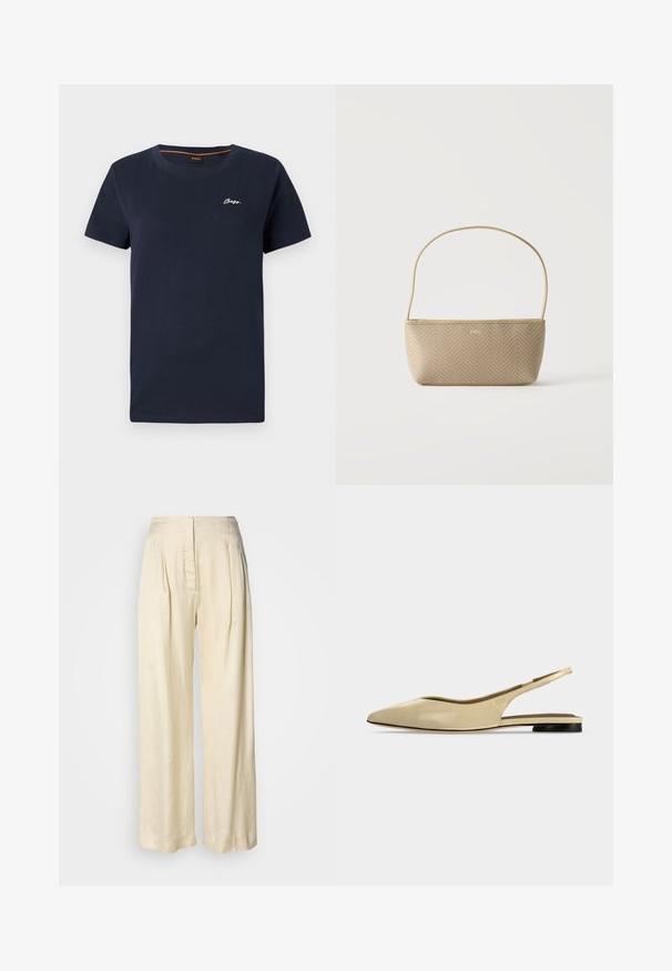 Camiseta de algodón azul marino con cuello redondo y mangas cortas. Presenta el logo blanco de "BOSS" bordado en el lado izquierdo del pecho.; Pantalones de seda crema de tiro alto con pliegues, piernas anchas y cierre frontal oculto con cremallera sobre un fondo blanco liso.; Zapato plano beige con puntera puntiaguda, diseño slingback, tacón bajo negro y acabado en cuero liso, mostrado de perfil sobre un fondo liso.; Bolso tejido beige con correa delgada para el hombro y pequeño logo dorado "BOSS" en el frente, presentado sobre un fondo blanco liso.